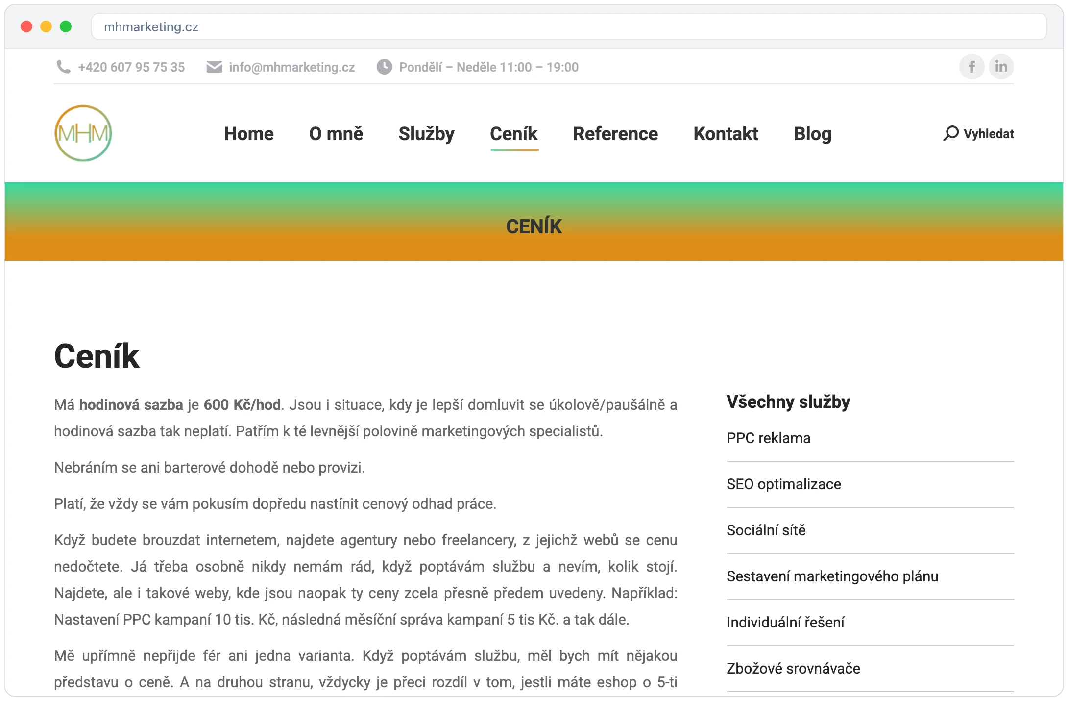 Ceník mhmarketing.cz s větou Má hodinová sazba je 600 Kč/hod
