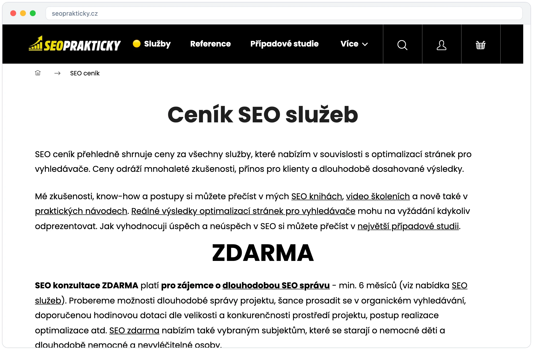 Stránka Ceník SEO služeb na webu SEOPRAKTICKY