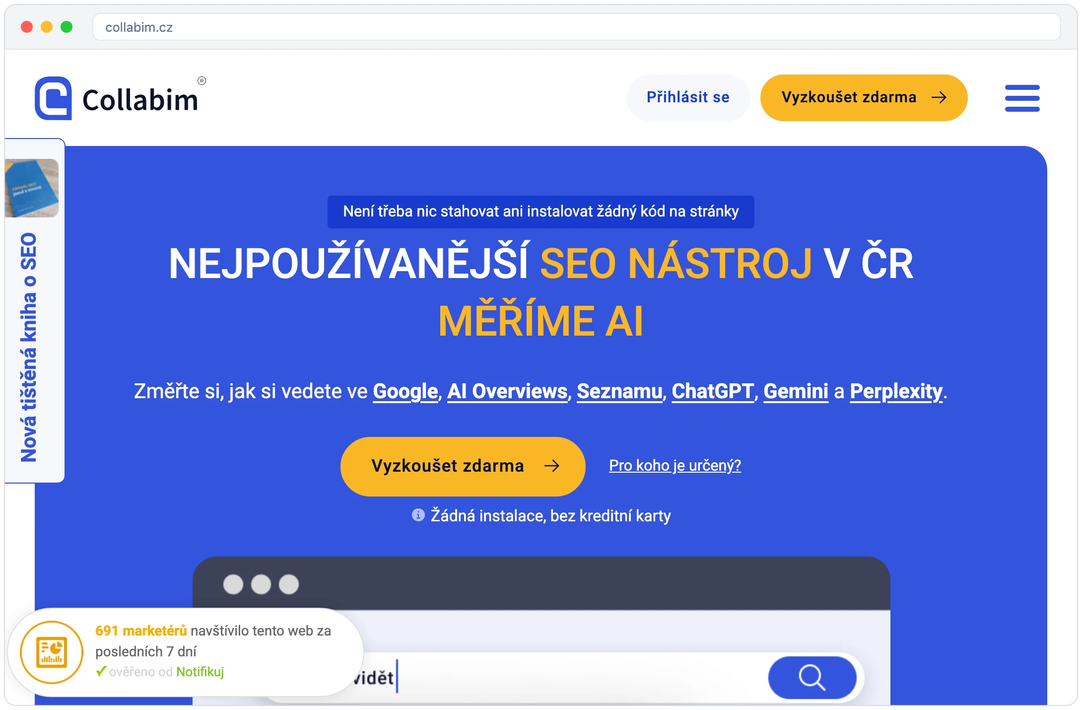 Titulní stránka Collabim s heslem nejpoužívanější SEO nástroj v ČR a výčtem Google, AI Overviews, Seznam, ChatGPT, Gemini a Perplexity