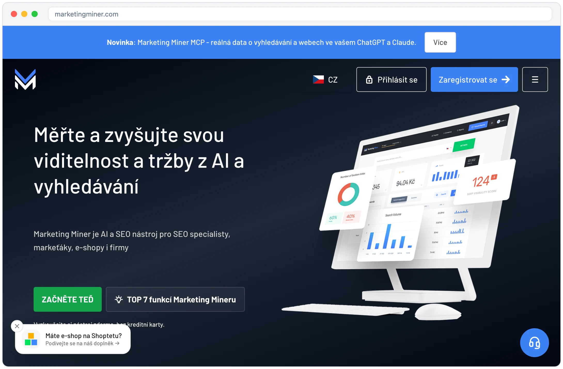 Titulní stránka Marketing Miner s heslem o měření viditelnosti a tržeb z AI a vyhledávání, tlačítkem Začněte teď a odkazem na 7 funkcí