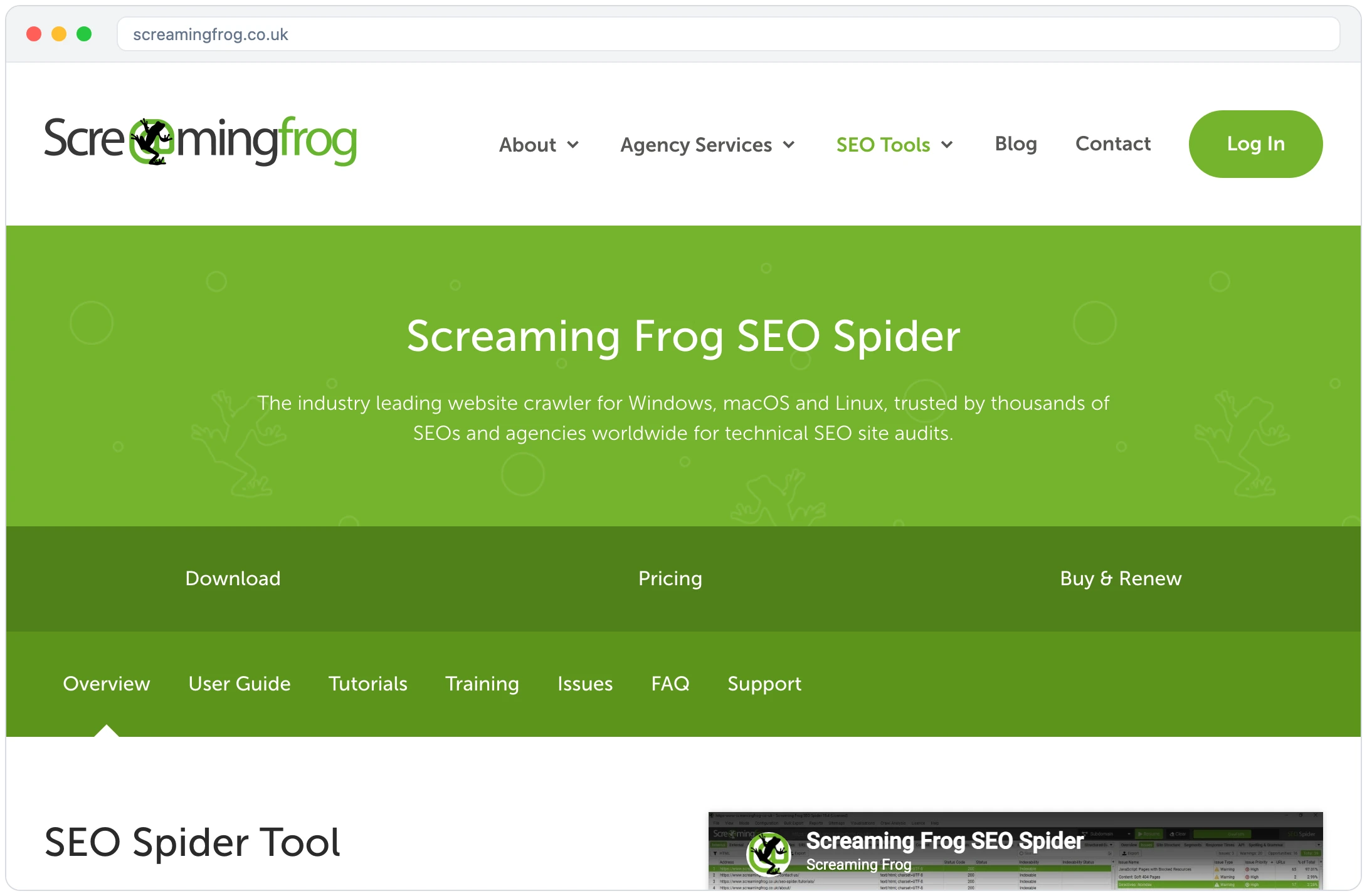 Produktová stránka Screaming Frog SEO Spider s popisem crawleru pro Windows, macOS a Linux a náhledem desktopové aplikace