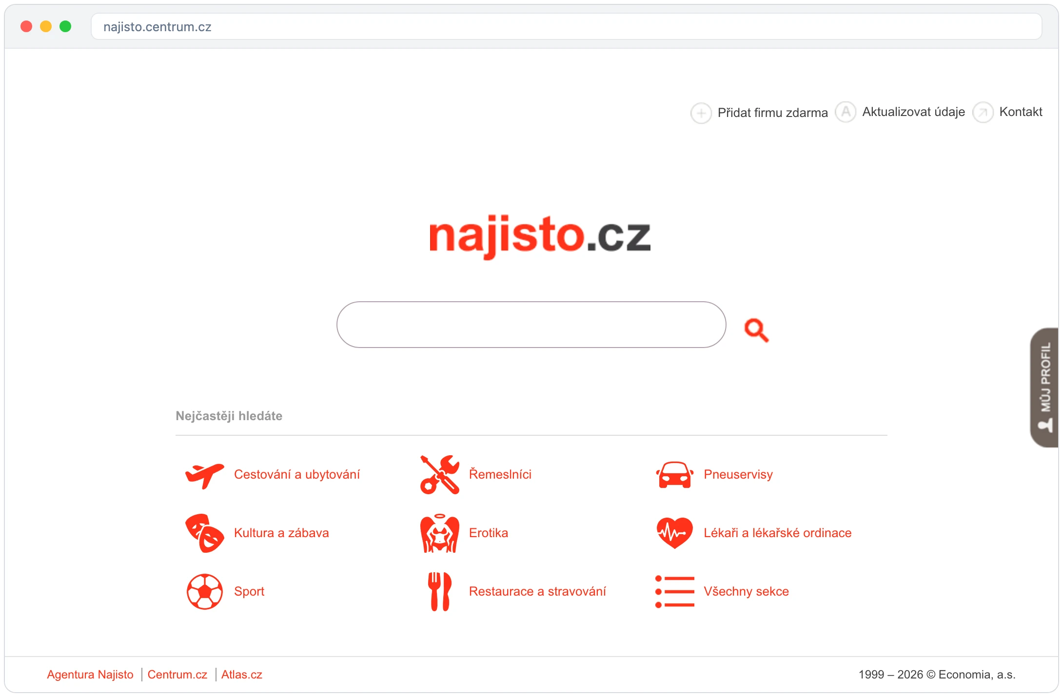 Katalog Najisto.cz: nahoře odkaz Přidat firmu zdarma, vyhledávací pole a kategorie firem